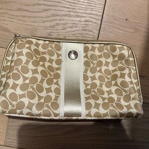 Coach Gold & Beige Signature Stripe Cosmetic Pouch